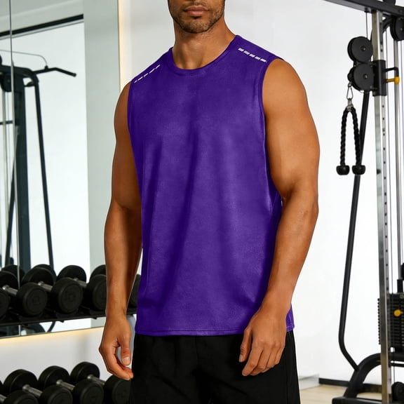Ceisia Men's Solid Color Sleeveless Round Neck Tank Top Stretchy Nylon Spandex Casual Sports Fitness Vest Purple Gifts for Father XS