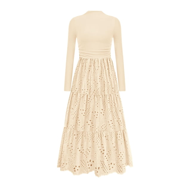 Vestido PRETTYGARDEN Maxi Beige de Manga Larga Otoño 2025