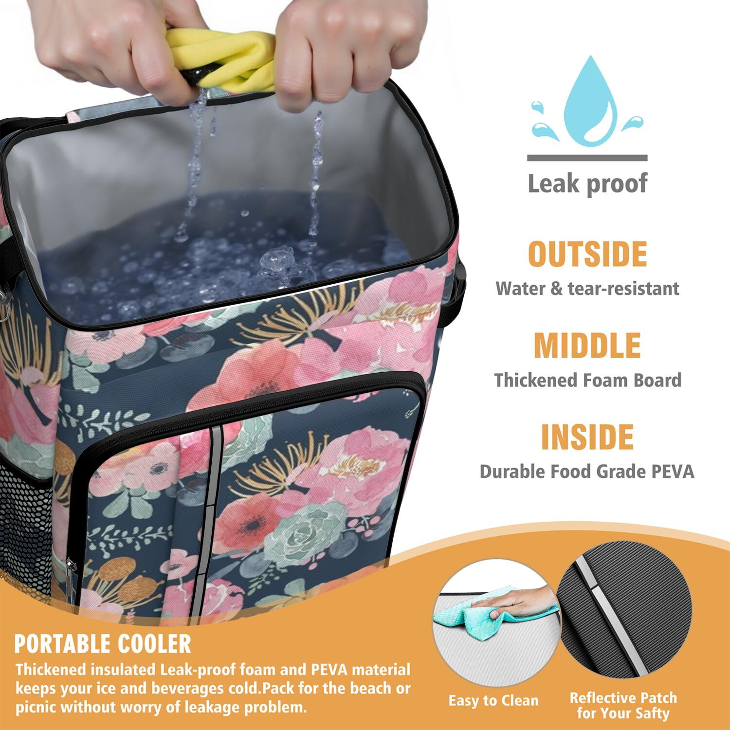 Travel Cooler Bag - Pioneer Flower Floral Print Pattern Camping Beer Cooler Backpack with Bottle Opener- Waterproof Insulated Picnic Backpacks - Cooler Bag for Beach