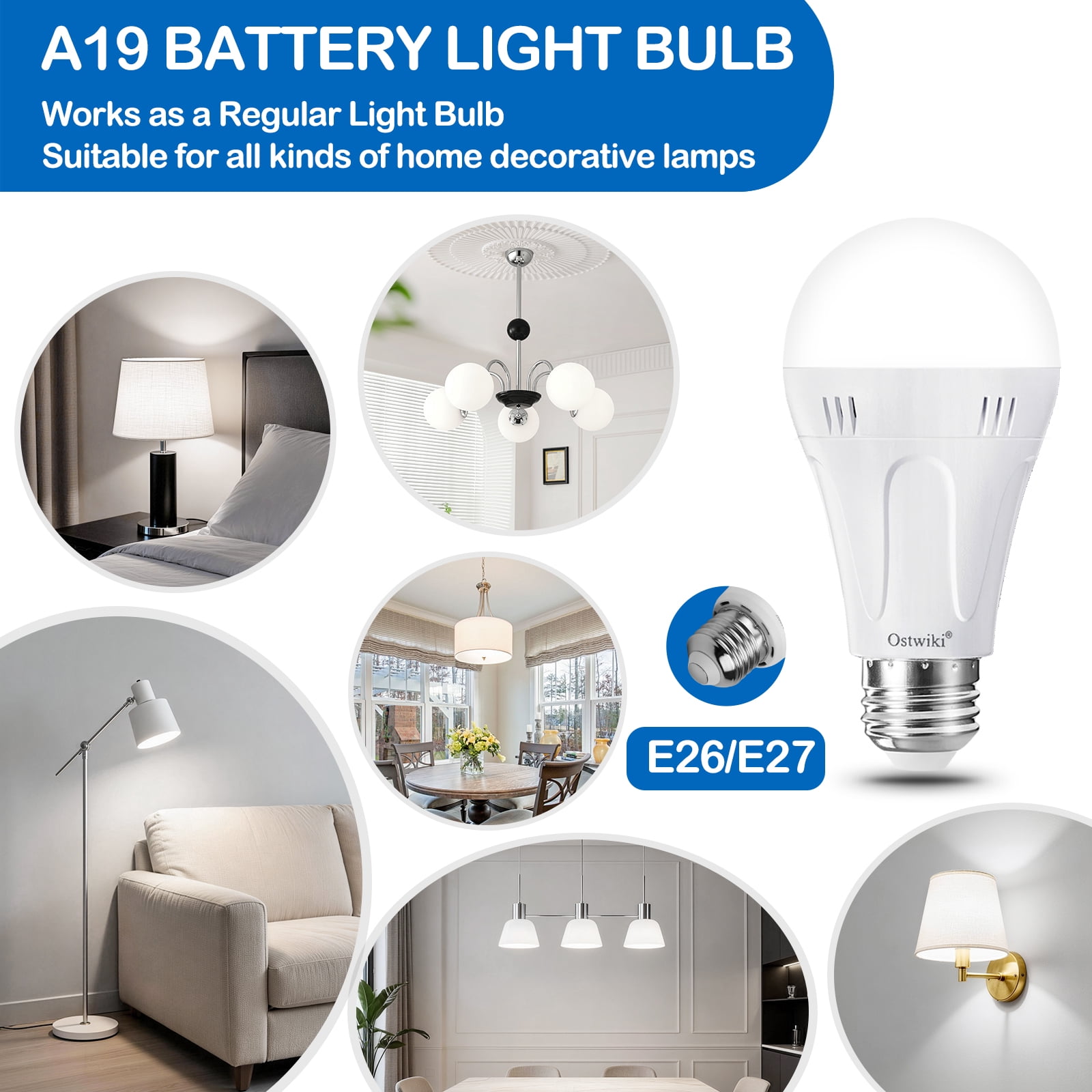 Ostwiki Rechargeable Emergency LED 9W Cool White General Purpose Light Bulbs, Dimmable 10 Pack