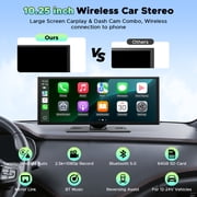 LAMTTO 10.25 Wireless CarPlay Screen for Car & Android Auto with 2.5K+1080p Dashcam, Portable Car Stereos with GPS, Bluetooth, Siri, DVR, 64GB Card