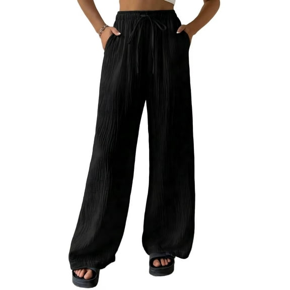 TANBOM Wide Leg Wrinkle Texture Rayon Women's Casual Pants Black (Women's S)