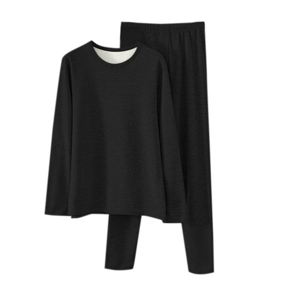 Riecok Mens Base Layer Set Seamless Round Neck Solid Color High Elasticity Winter Warm Sport Underwear Set Black XXXL