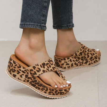 

Women s Toe Loop Wedge Sandals Leopard Print Slip On Platform Shoes Summer Slide Sandals Wedge Sandals