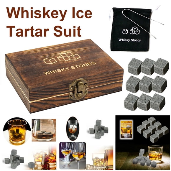 DEBGFS 9PCS Whiskey Stones Reuseable Ice Cubes Set Granite Drinking Stones Drink Cooler Ice Stones Whiskey Stones in Luxury Wooden Gift Box Best Drinking Gift