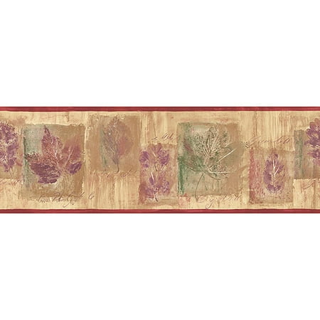 Blue Mountain Distressed Maple Leaf Wallpaper Border, Beige, Plum Purple, Forest Green and Red