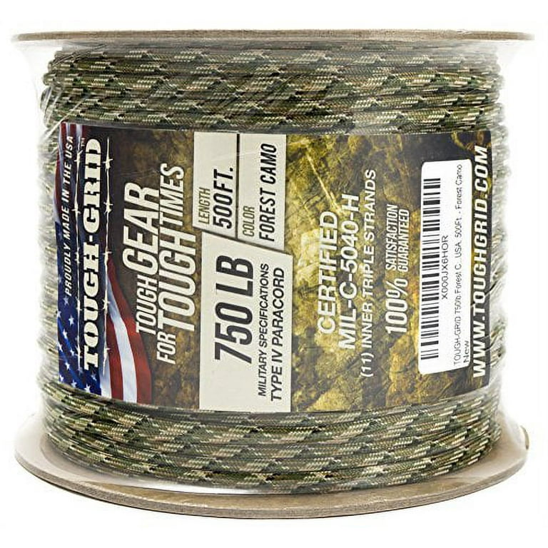 TOUGH-GRID 750lb Forest Camo Paracord/Parachute Cord - Genuine Mil Spec  Type IV 750lb Paracord Used by The US Military (MIl-C-5040-H) - 100% Nylon  - 100Ft. - Forest Camo 