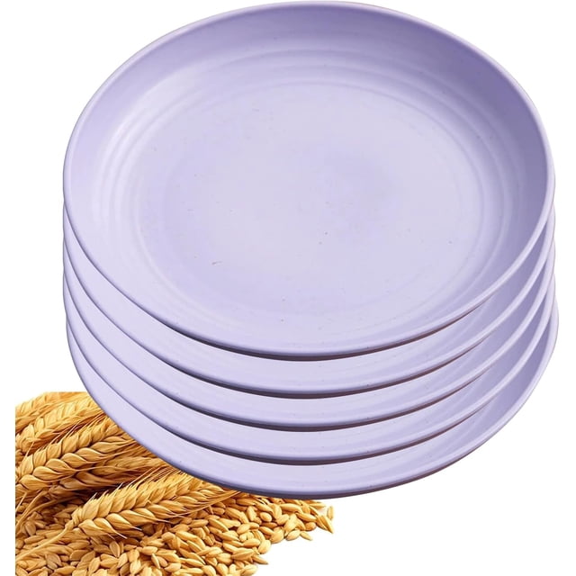 5Pcs Dinner Plates Wheats Straw Plates Set Unbreakable Reusable,Lightweight,Smooth Edge Plate Dishwasher & Microwave Safe (Purple,8 inch)