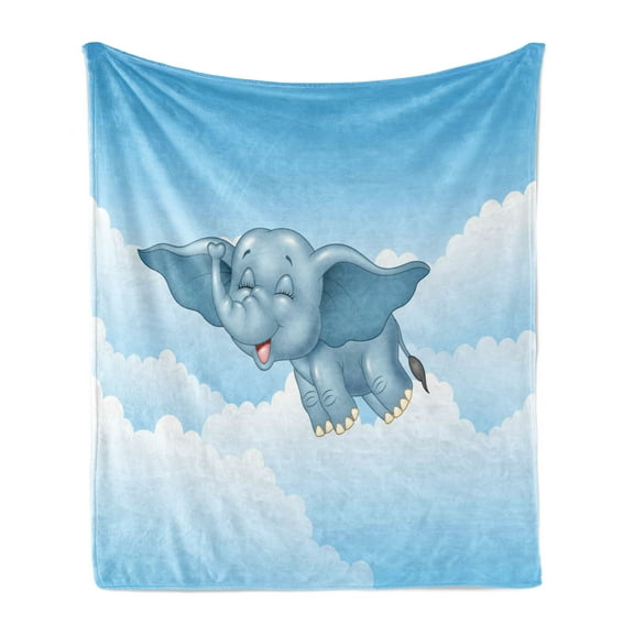 Animal Soft Flannel Fleece Throw Blanket, Baby Flying Clouds Comic Humor Happiness Kids Caricature Illustration, Cozy Plush for Indoor and Outdoor Use, 70" x 90", Pale Blue, by Ambesonne