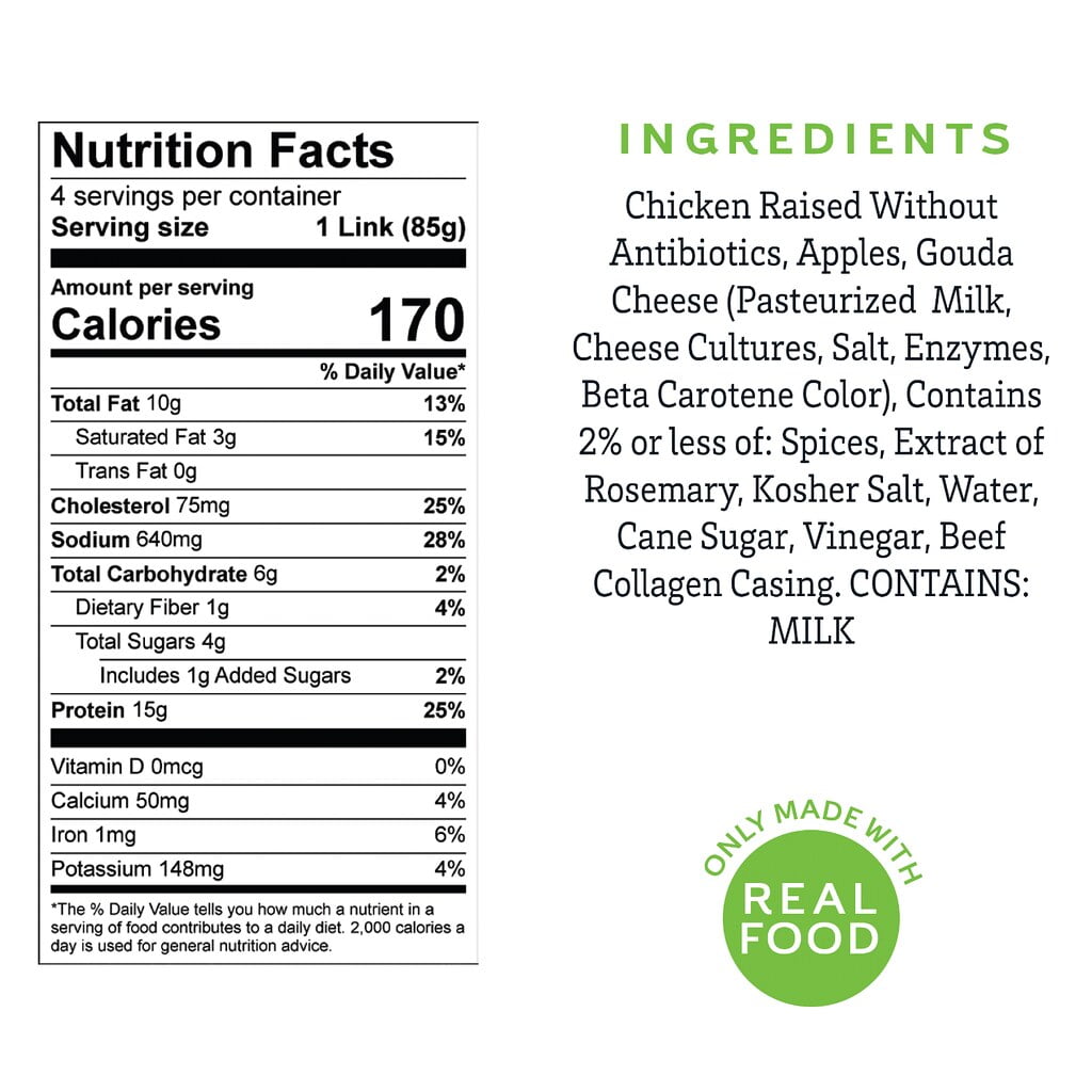 Amylu Foods Apple & Gouda Chicken Sausages, 12oz, 4 Count, Refrigerated