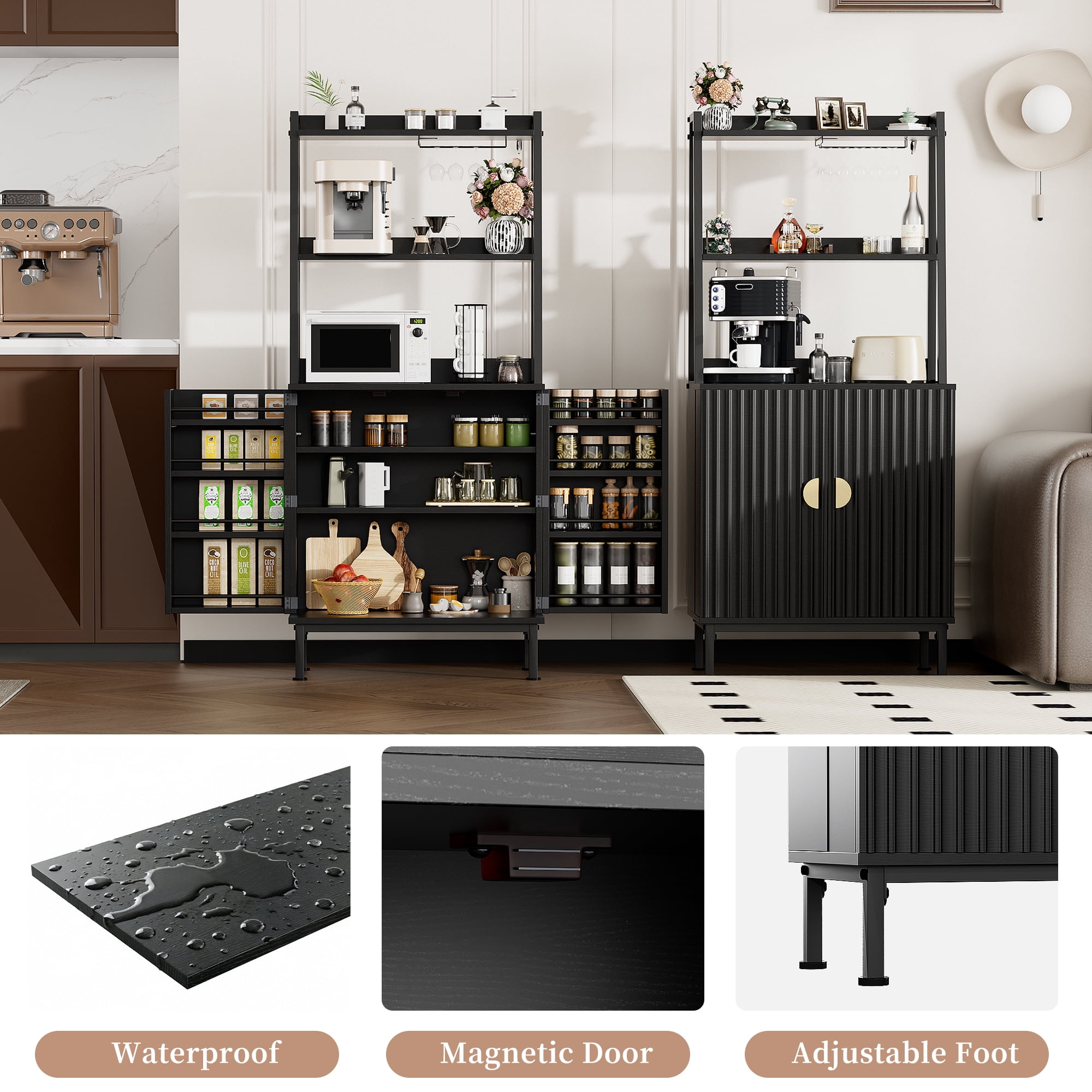 ETASE 58'' Pantry Cabinets with Microwave Shelves, Freestanding Kitchen Storage Cabinet with Adjustable Shelves, Buffet Cupboards for Kitchen/Dining Room/Living Room, Black