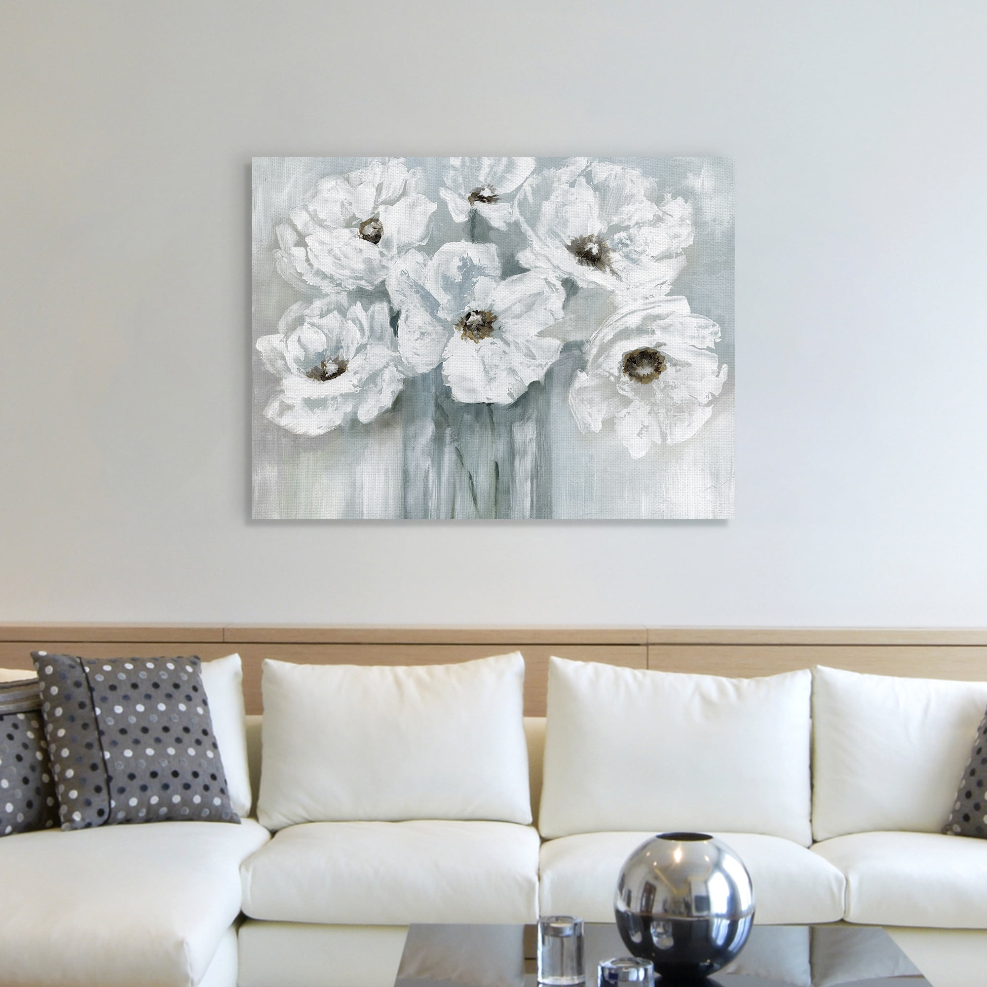 White Poppy Bouquet on Grey by Nan Wrapped Canvas Art Painting Print