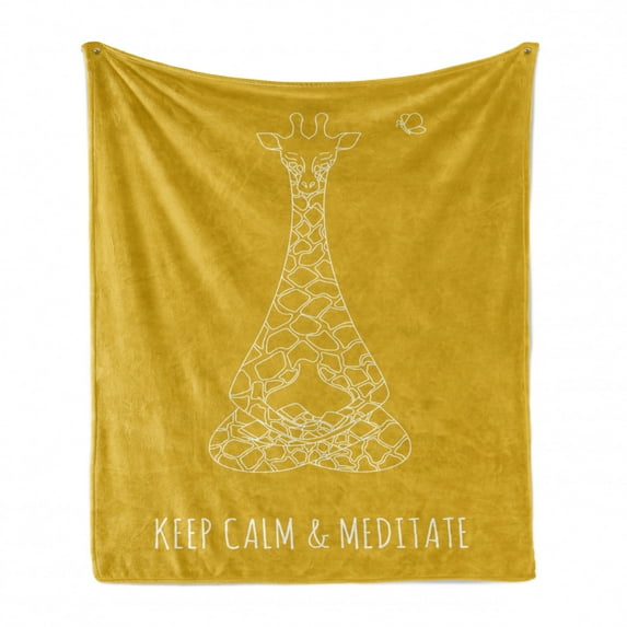 Keep Calm Soft Flannel Fleece Throw Blanket, Meditative Animals Giraffe in Drawing Style on Yellow with Butterfly, Cozy Plush for Indoor and Outdoor Use, 50" x 60", Earth Yellow White, by Ambesonne