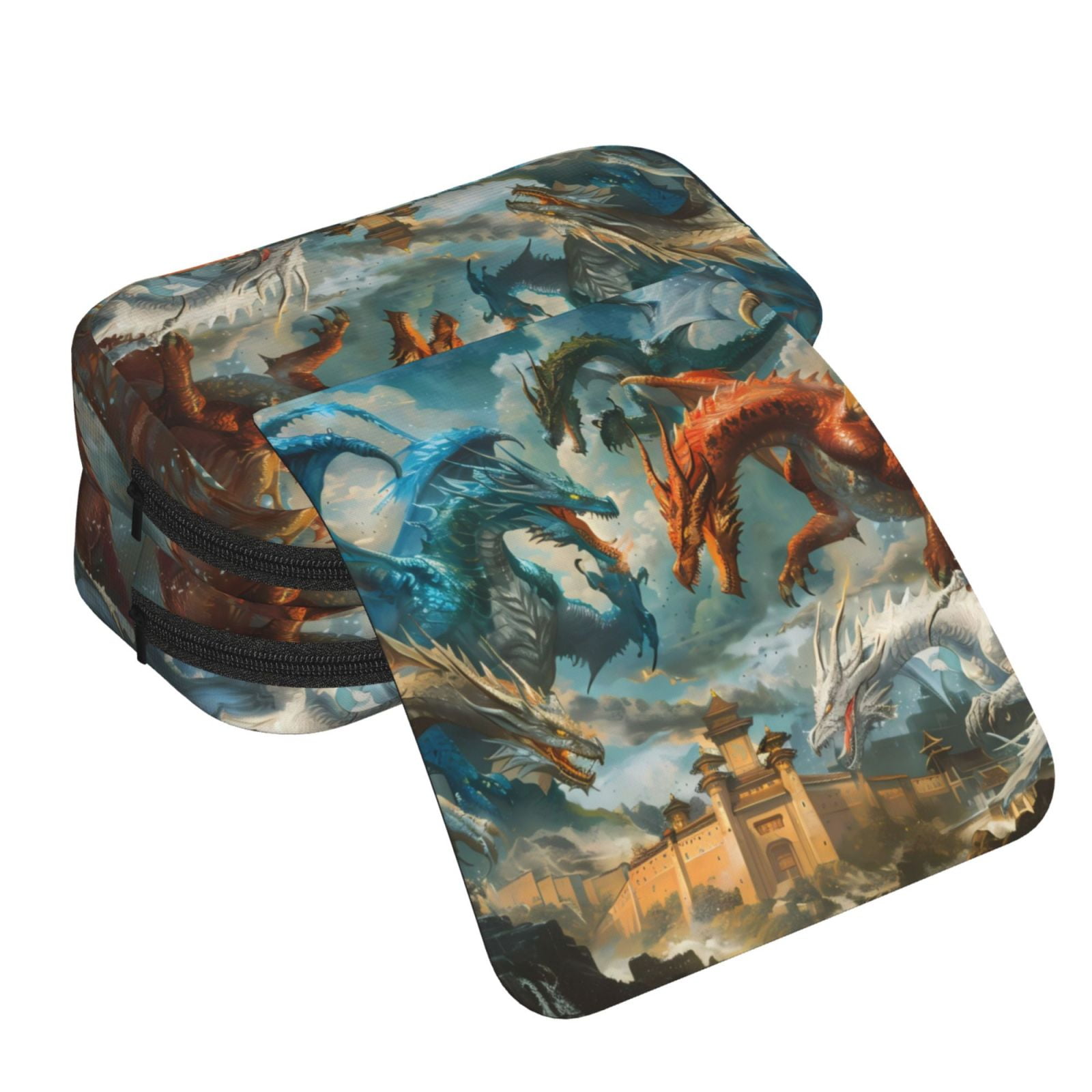 Rateoe Red Blue Dragon Battle Epic Pattern Double Clamshell Pen Case, Storage Organizer with Two Zipper Compartments– Holds Up to 50 Pencils & Pens