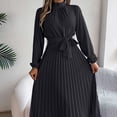 thumbnail image 2 of Fsqjgq Elegant Fall Dresses for Women Casual Winter Crewneck Long Sleeve Ruffle Flowy Wedding Guest Dresses Tie Waist Pleated Black Midi Dress with Belt Black XL, 2 of 8