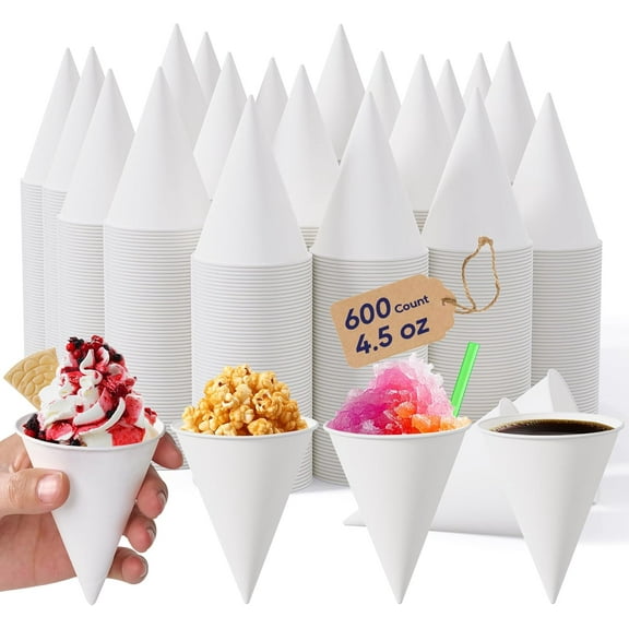 600 Count 4.5 OZ Snow Cone Cups, Paper Cone Cups for Water, Shaved Ice, Ice Cream, Candies