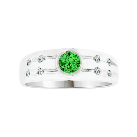 Sterling Silver White Rhodium, Band Ring Men Guy Gent Created May Birthstone Green CZ Crystals