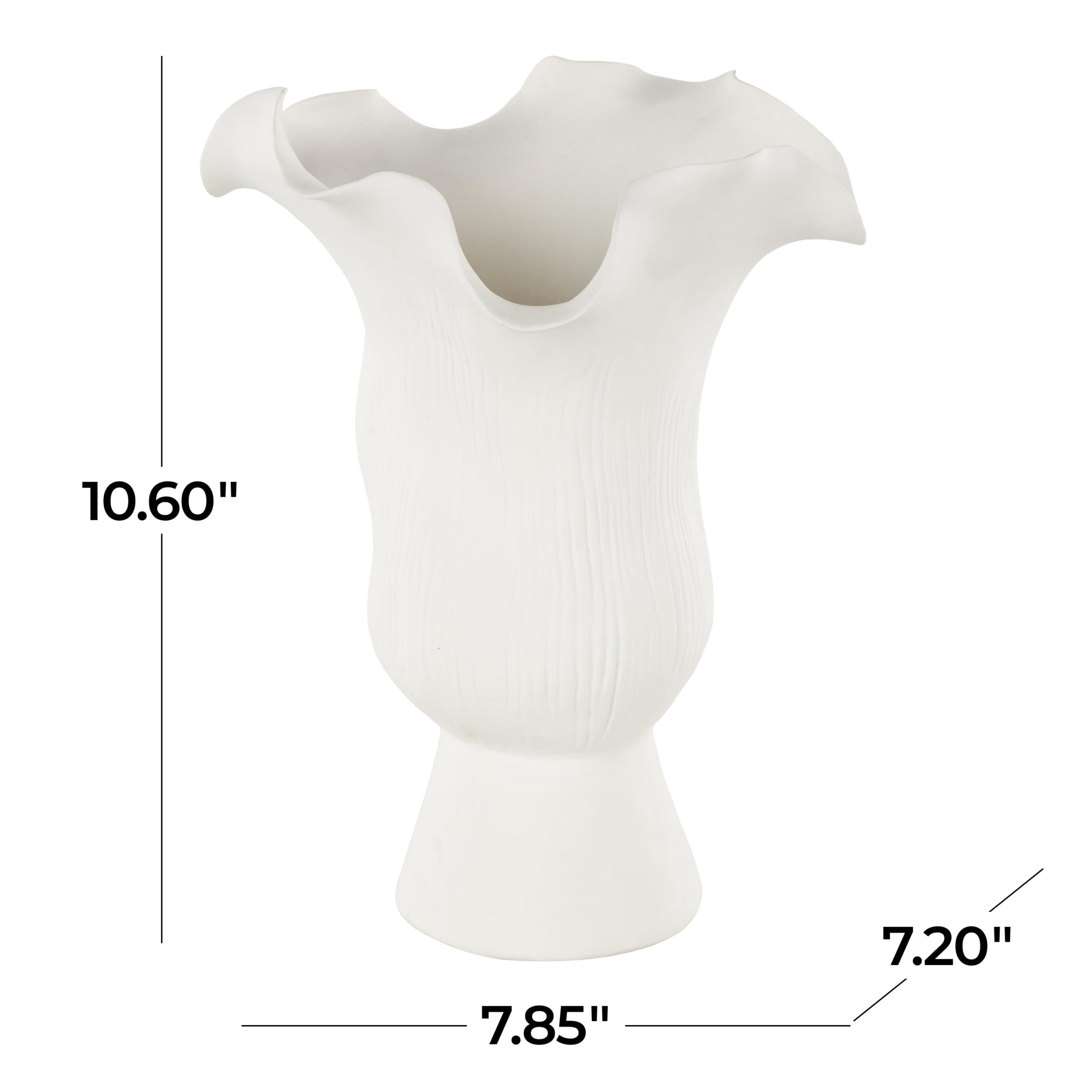 DecMode 11" Abstract Floral Inspired White Ceramic Vase with Wavy Folded Rim and Linear Grooves