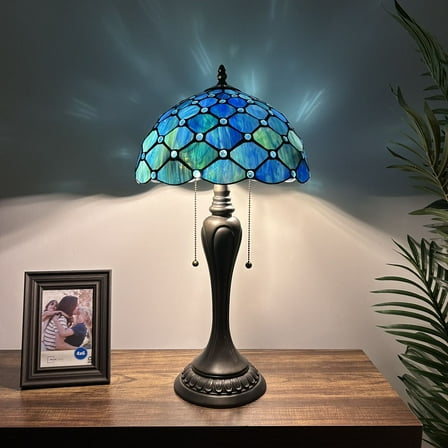Tiffany Table Lamp Blue Green Stained Glass Crystal Beans LED Bulbs Included For Living Room Bedroom Bedside 12"W*12"D*22"H