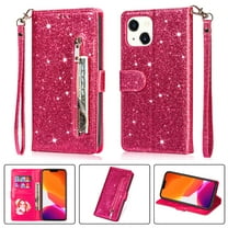 iPhone 13 Mini Wallet Case for Women/Girls,Dteck Bling Glitter Sparkly Girly Folio Leather Zipper Pocket Magnet Clasp Phone Case with 3 Card Holder,Strap and Stand for iPhone 13 Mini 5.4 Inch,Rose
