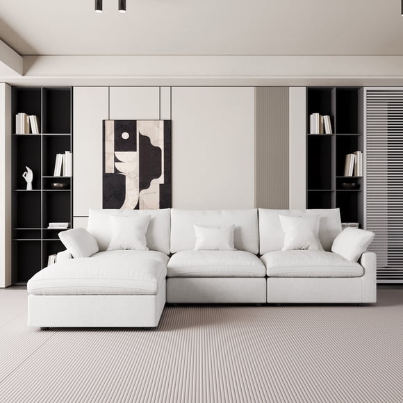 The Magic Home 3-Seater Cloud Modular L-Shaped Linen Sectional Sofa with Ottoman, White