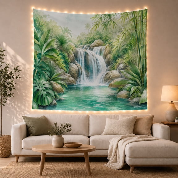 Tropical Waterfall with Bamboo and Teal Pool, Peaceful Coastal for Nature Lovers, Waterfall Wall Art, Housewarming Gift, Tapestry Wall Hanging for Bathroom and Living Room
