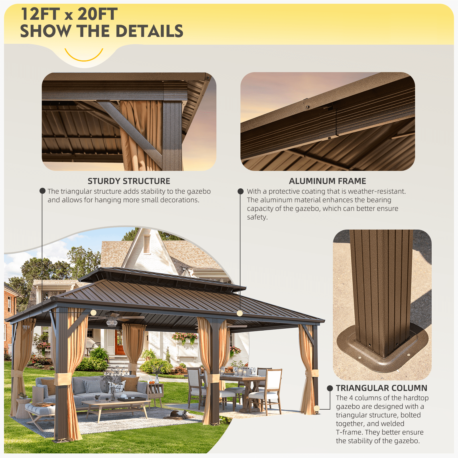 Hommow 12' x 20' Hardtop Gazebo Aluminum Frame Gazebo with Galvanized Steel Double Roof