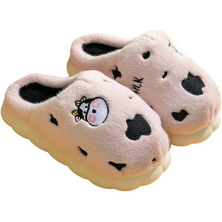 

CoCopeaunt Cute Cow Print House Slippers for Women Men Soft Cozy Furry Fluffy Fur Wrap Heel Indoor Shoes