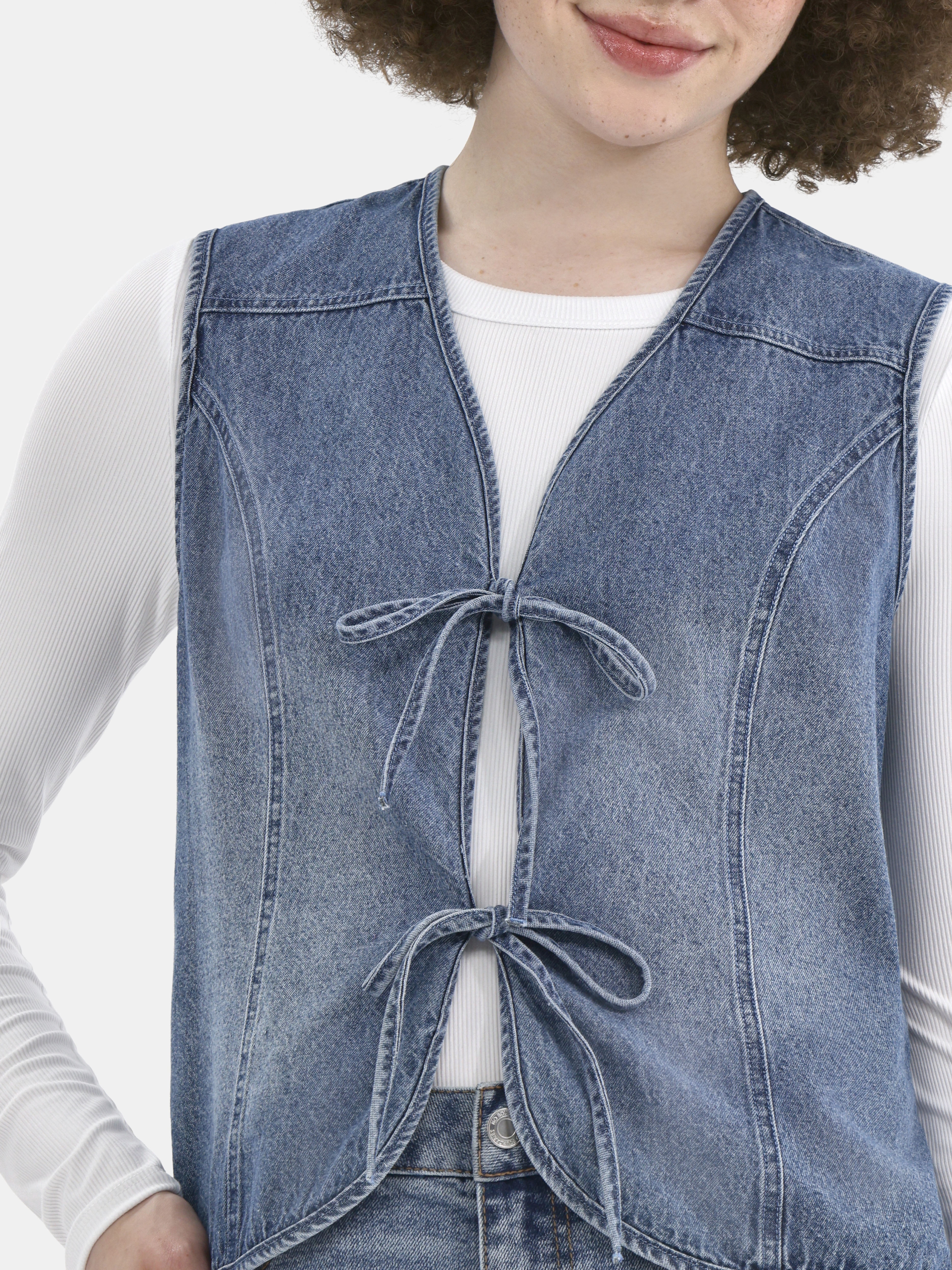 No Boundaries Cotton Denim Vest with Self Ties, Women's