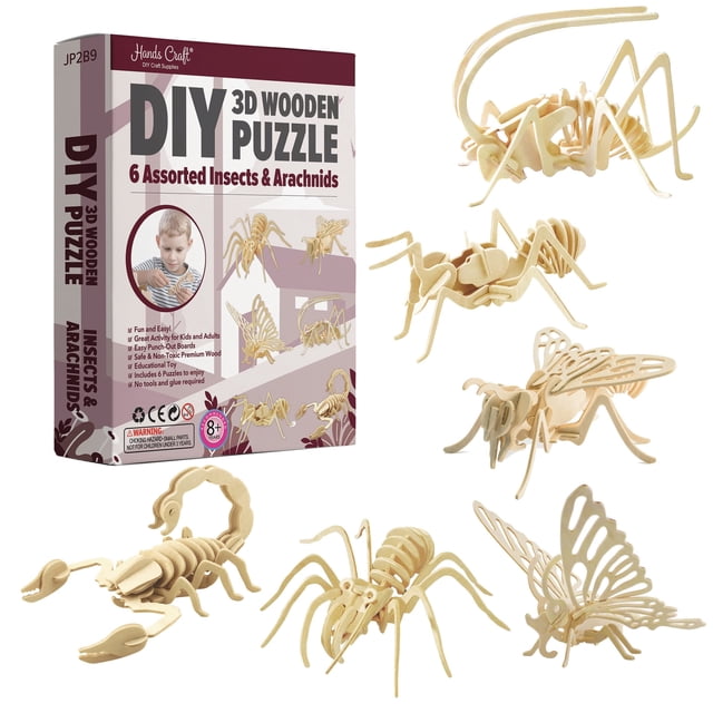 Paquete de rompecabezas de madera 3D con forma de mano, insectos y arácnidos