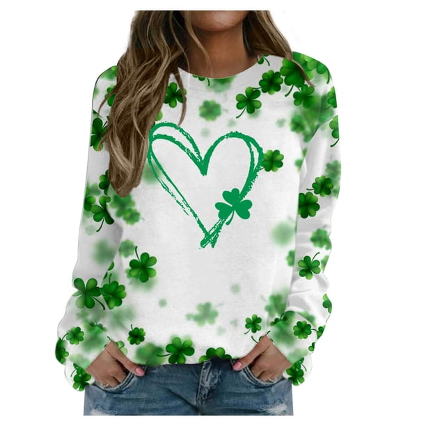 Xuyuer Women's Round Neck St. Patrick's Day Printed Long Sleeve Shirts Sweatshirt - Festive Holiday Graphic Pullover Top for Seasonal Parties, Gift Exchanges and Cozy Spring Summer Wear