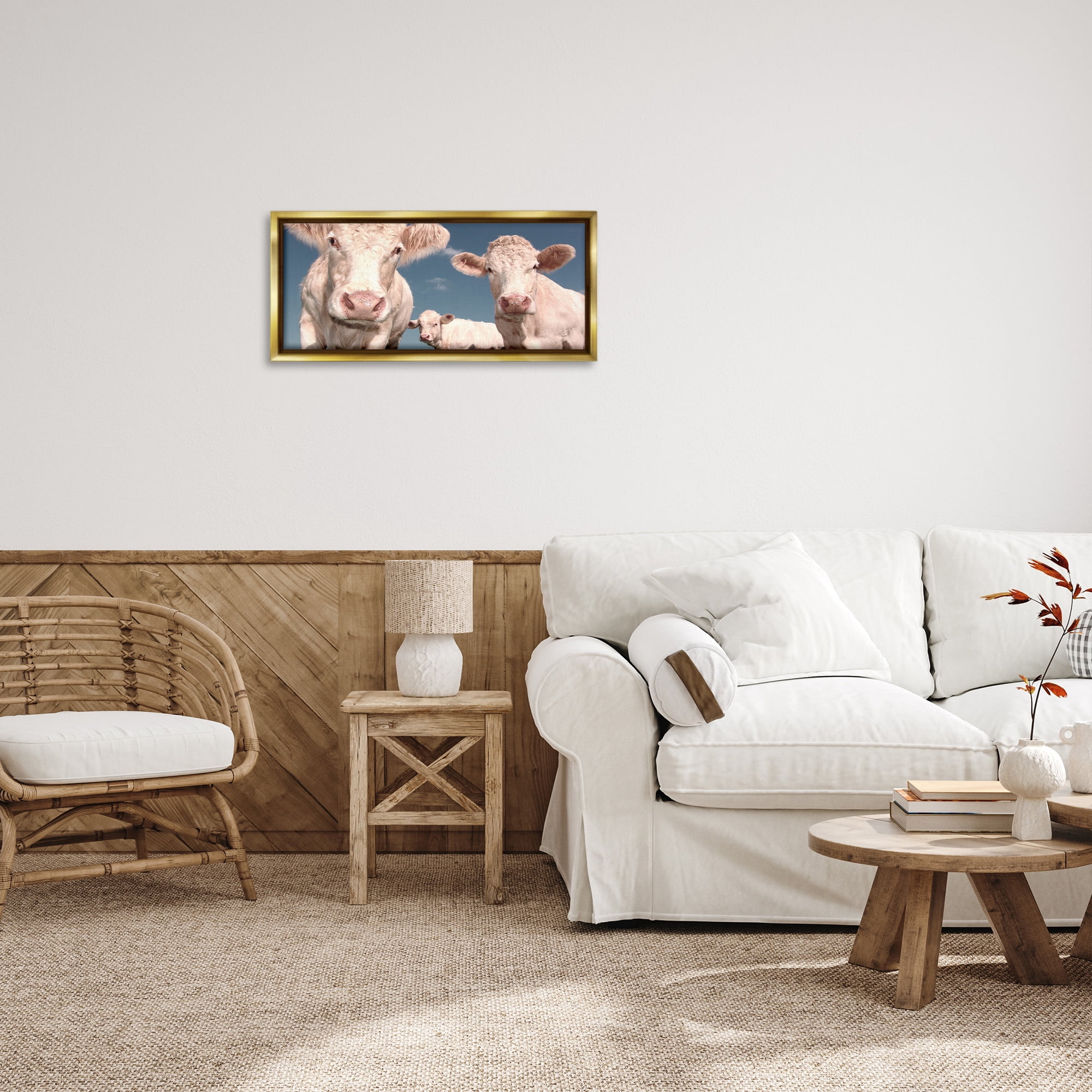 Stupell Industries Three White Cows Animals & Insects Photography Gold Floater Framed Canvas Art Print Wall Art, 25 x 11