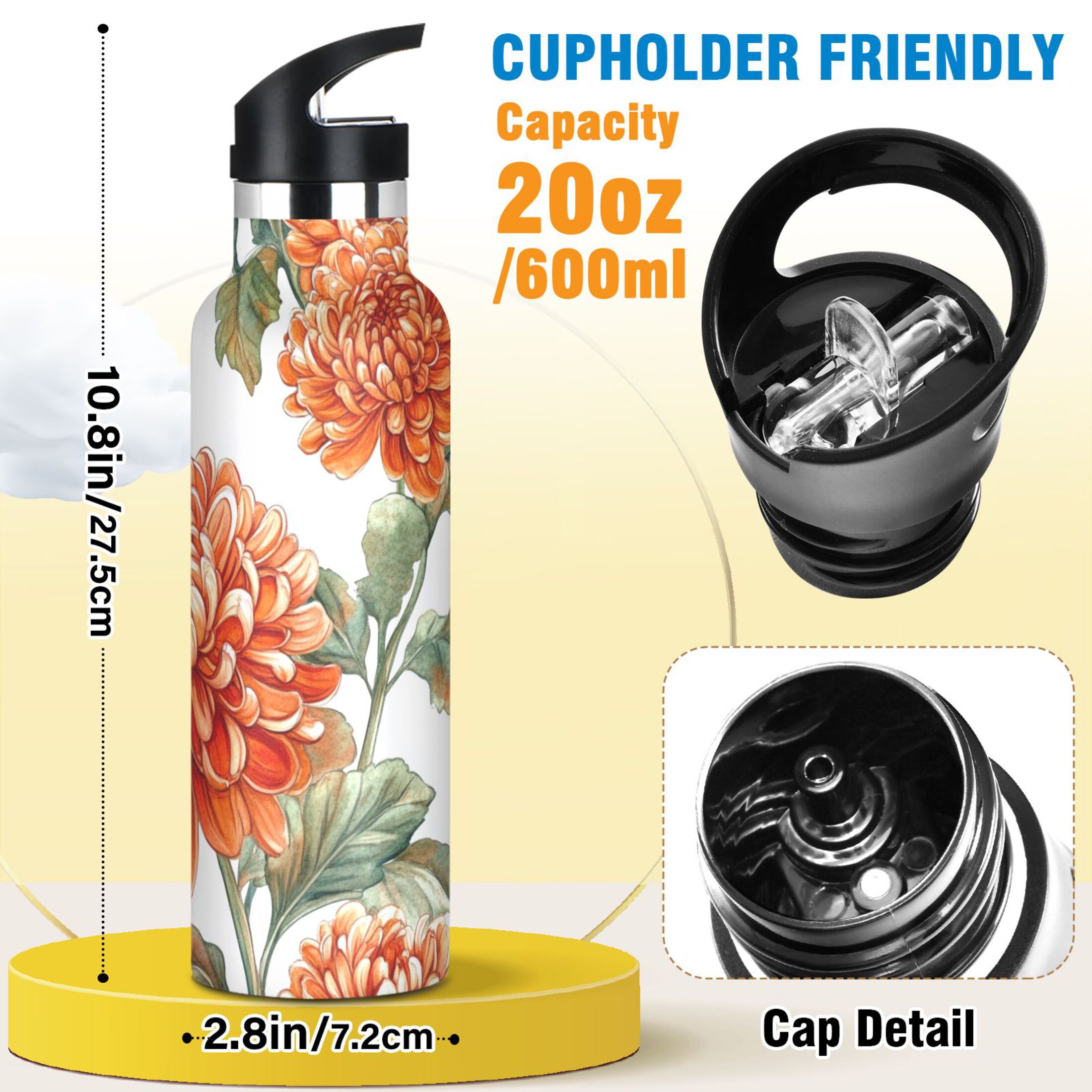 600ML Stainless Steel Insulated Cup Sports Water Bottle Portable Thermos Cup Water Glasses Insulated Tumblers Convenient and Durable Red Chrysanthemums