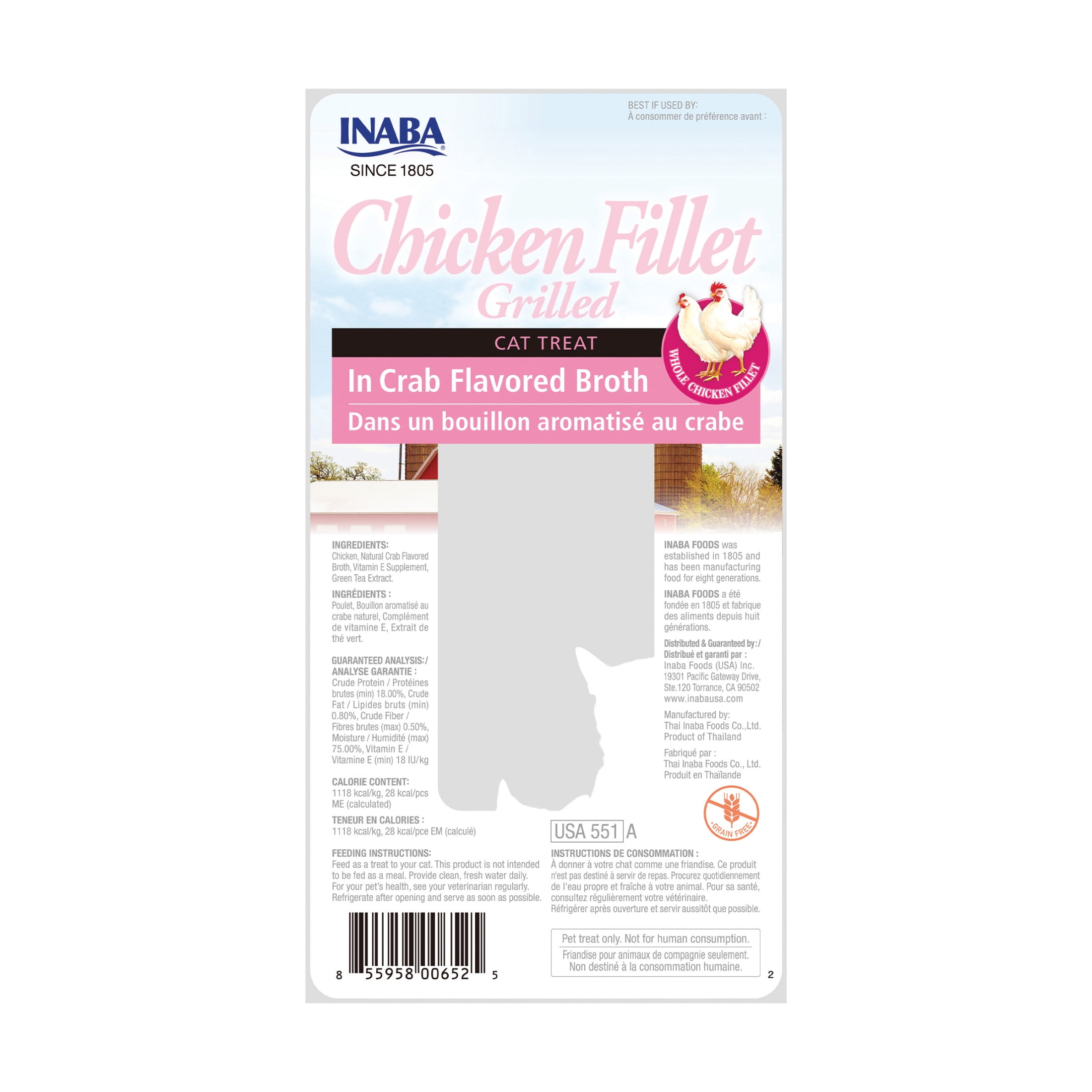 Inaba Premium Hand-Cut Grilled Chicken Fillet Cat Treats w Vitamin E, 0.9 oz, 6-Pack, Crab Broth