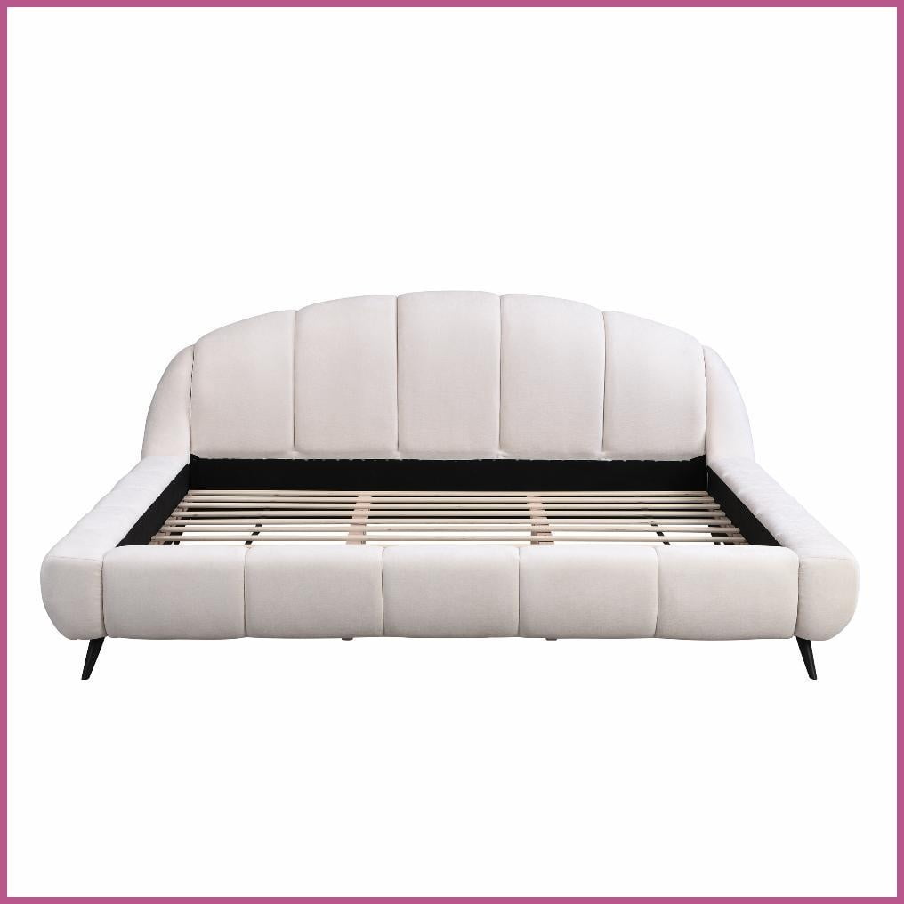 King Size Beige Chenille Upholstered Platform Bed Frame - Solid Rubberwood, No Box Spring Needed, Silent for Master Bedroom