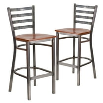 Flash Furniture 2 Pack HERCULES Series Silver Antique Finish with Clear Coat Ladder Back Metal Restaurant Barstool - Cherry Wood Seat