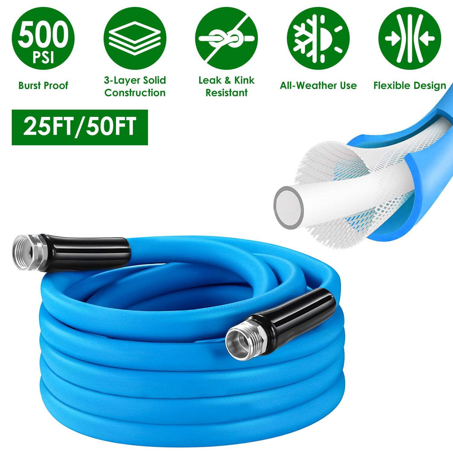 25FT/50FT 5/8" Non-Expanding Flexible Garden Hose
