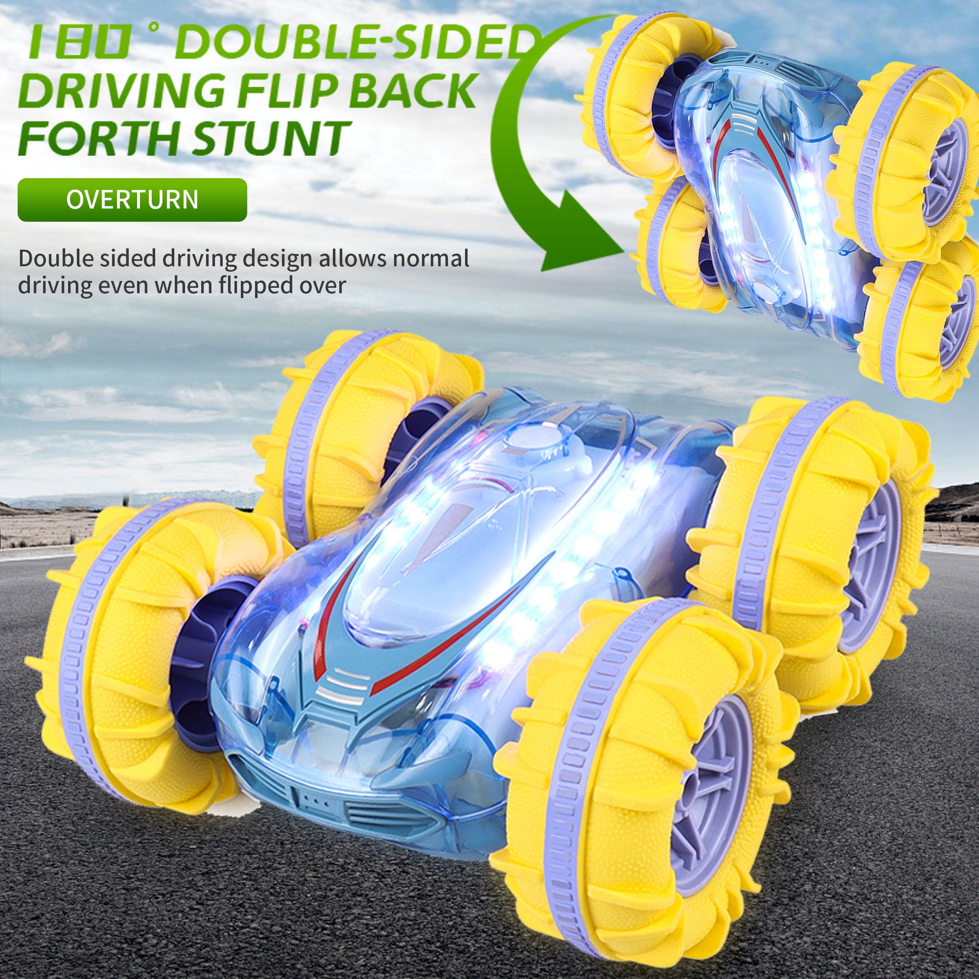 Yexmas Amphibious 4WD RC Stunt Car with LED Lights, 360° Flip, All-Terrain Monster Truck, Water Beach Pool Toys for Boys Girls
