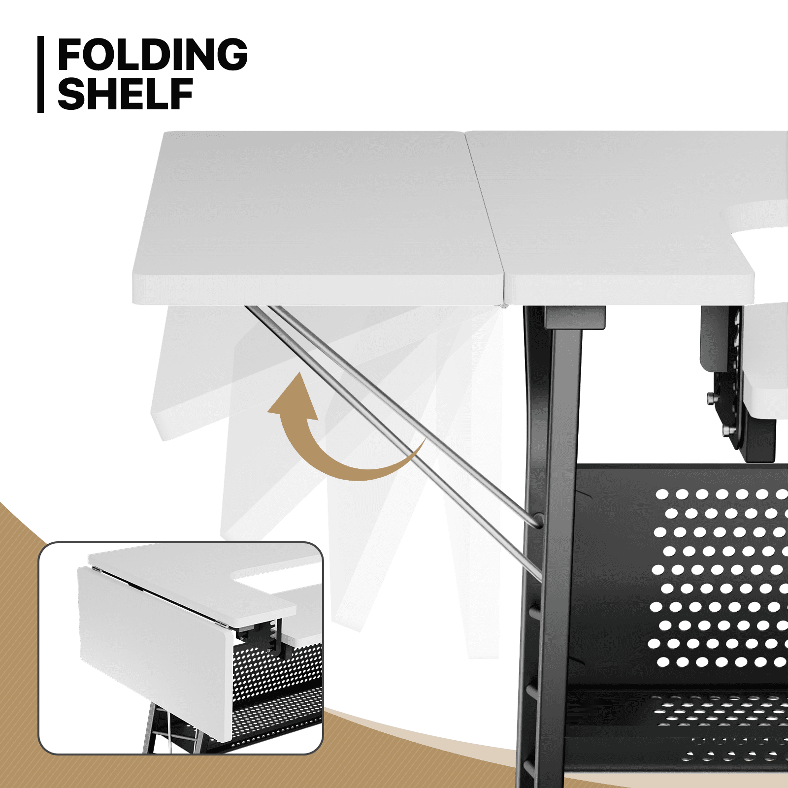 MoNiBloom Sewing Machine Table with Fold-Down Top, Height Adjustable Platform Craft Table with Storage Shelves & Drawers, White