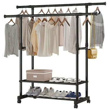 DACENTA Double Rods Garment Rack with Wheels, Clothing Rack for Hanging Clothes,Multi-functional Bedroom Clothes Rack with Bottom Shelf
