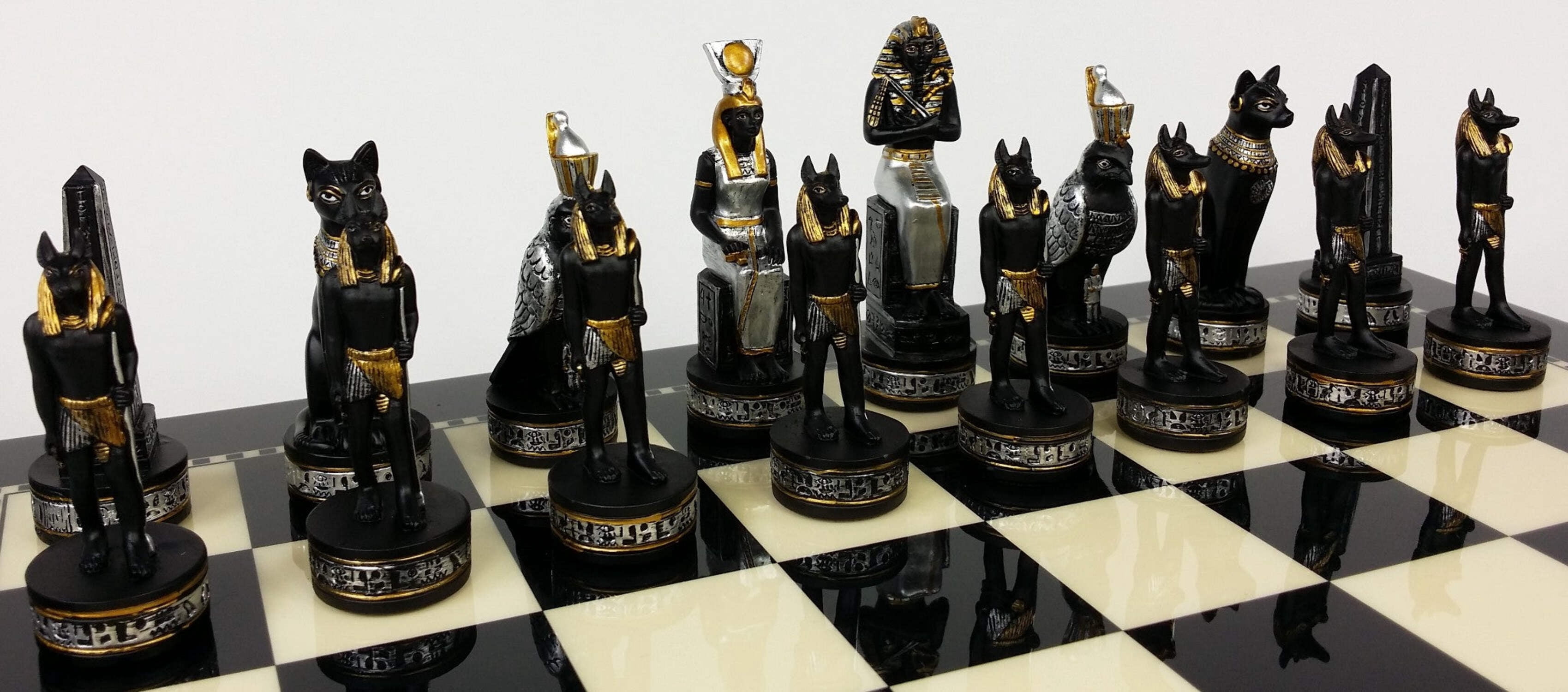 Egyptian Anubis Chess Set Black Silver  Gold W/ 15" Black  White Gloss Board