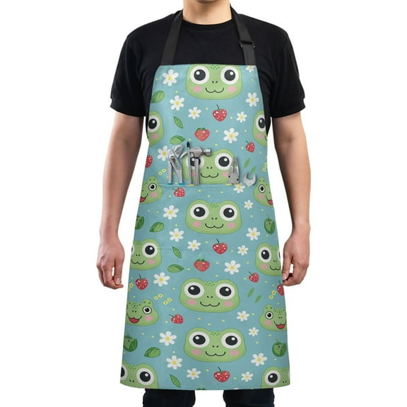Kitchen Apron with 2 Pockets Adjustable waterproof Cooking Aprons for Women Men Chef Frog Face Leaf Strawberry Flower
