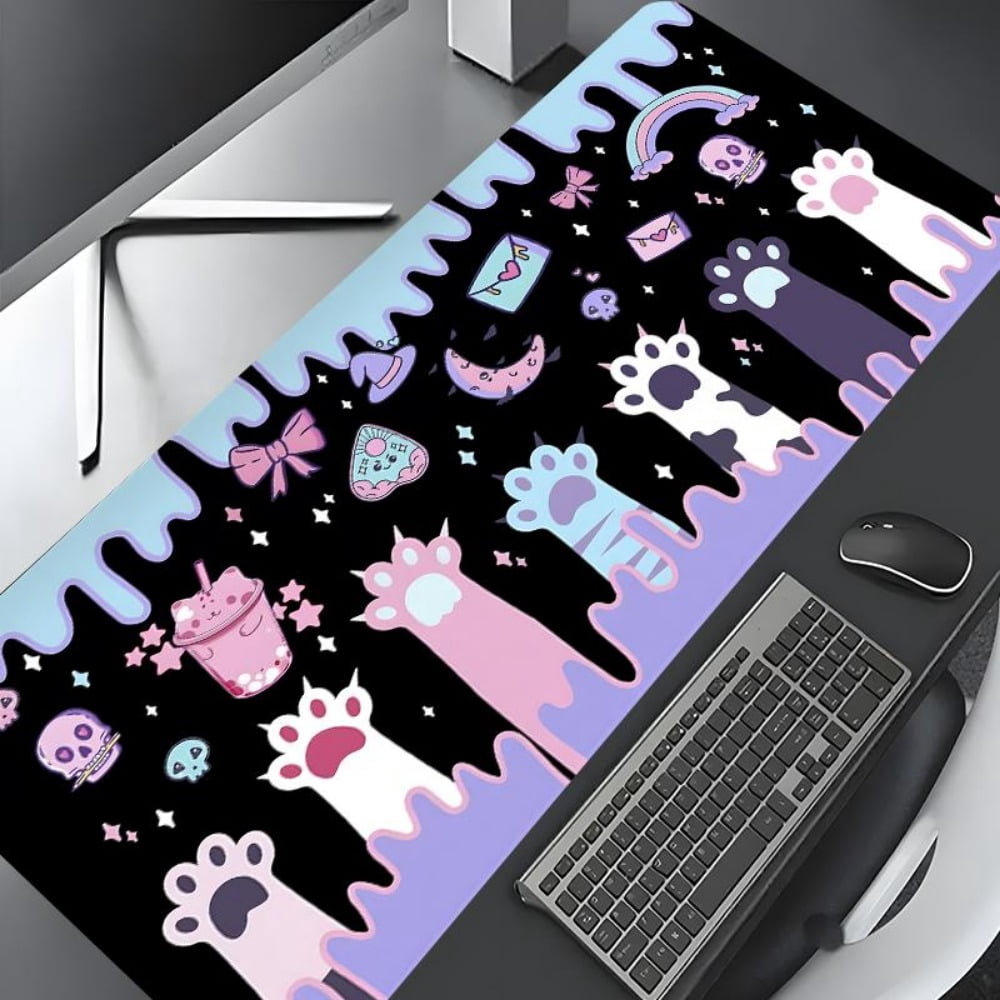 HELLOYOUNG Large Gaming Mouse Pad, Gothic Cute Cat Claw Print Desk Mat, Non-Slip Stitched Edge Washable Office Decor & Gift