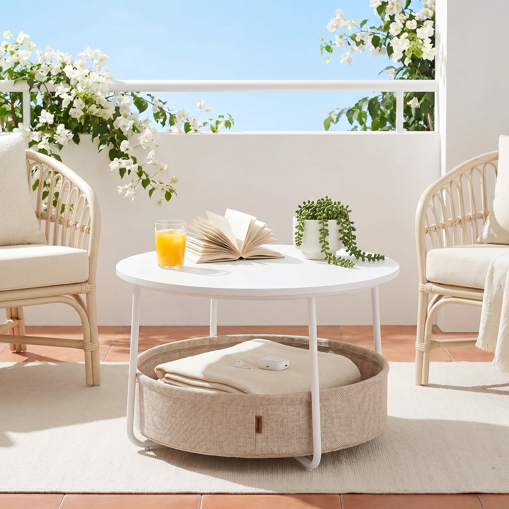Nordic Hygge Modern Matte White Round Coffee Table with Camel Brown Fabric Storage Basket