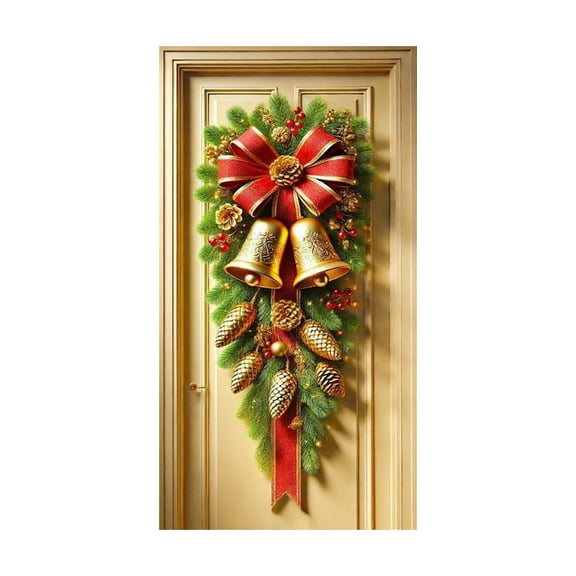 Christmas Door Curtains - Bells Bows Printing Hanging Banners - Holiday Photography Background Background Decoration - 35.5x70.9 inch