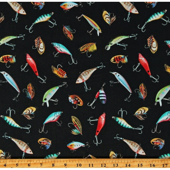 Cotton Fishing Lures Gear Bait and Tackle Black Cotton Fabric Print by the Yard (DCX11942-BLAC-D)