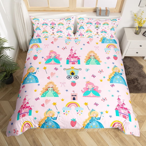 Manfei Cute Magical Princess Duvet Cover Twin,Fairy Tale Girly Theme Bedding Sets Twin Size,Cartoon Castle Rainbow Bed Set For Kids,Ultra Soft Home Decor Reversible(No Comforter),2-Piece