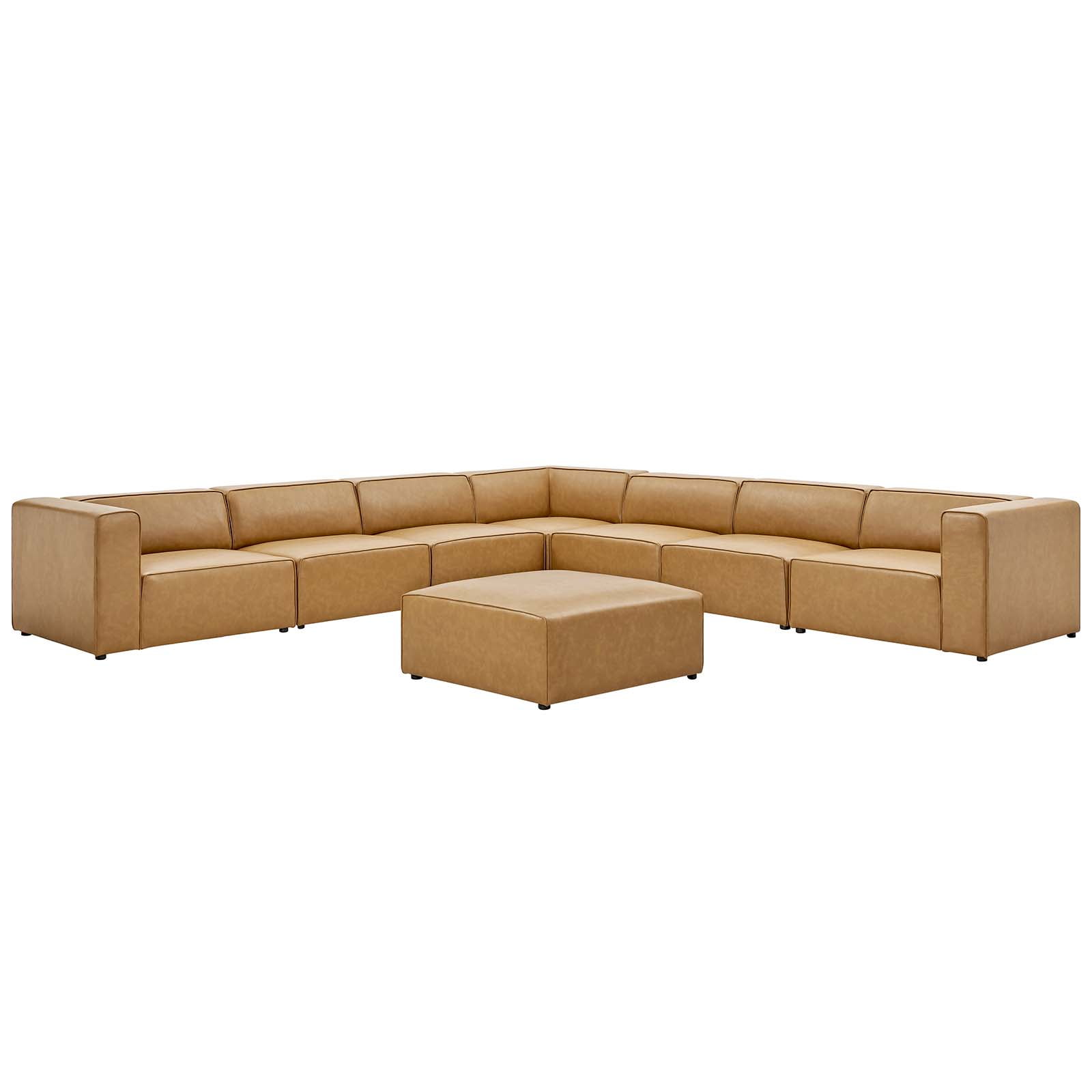 Modway Mingle Modern Faux Leather Sectional Sofa Set with Ottoman in Tan