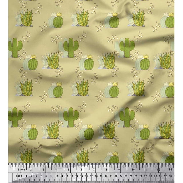 Soimoi Beige polyester Crepe Fabric Sea Plant & Cactus Tree Print Fabric by Yard 42 Inch Wide