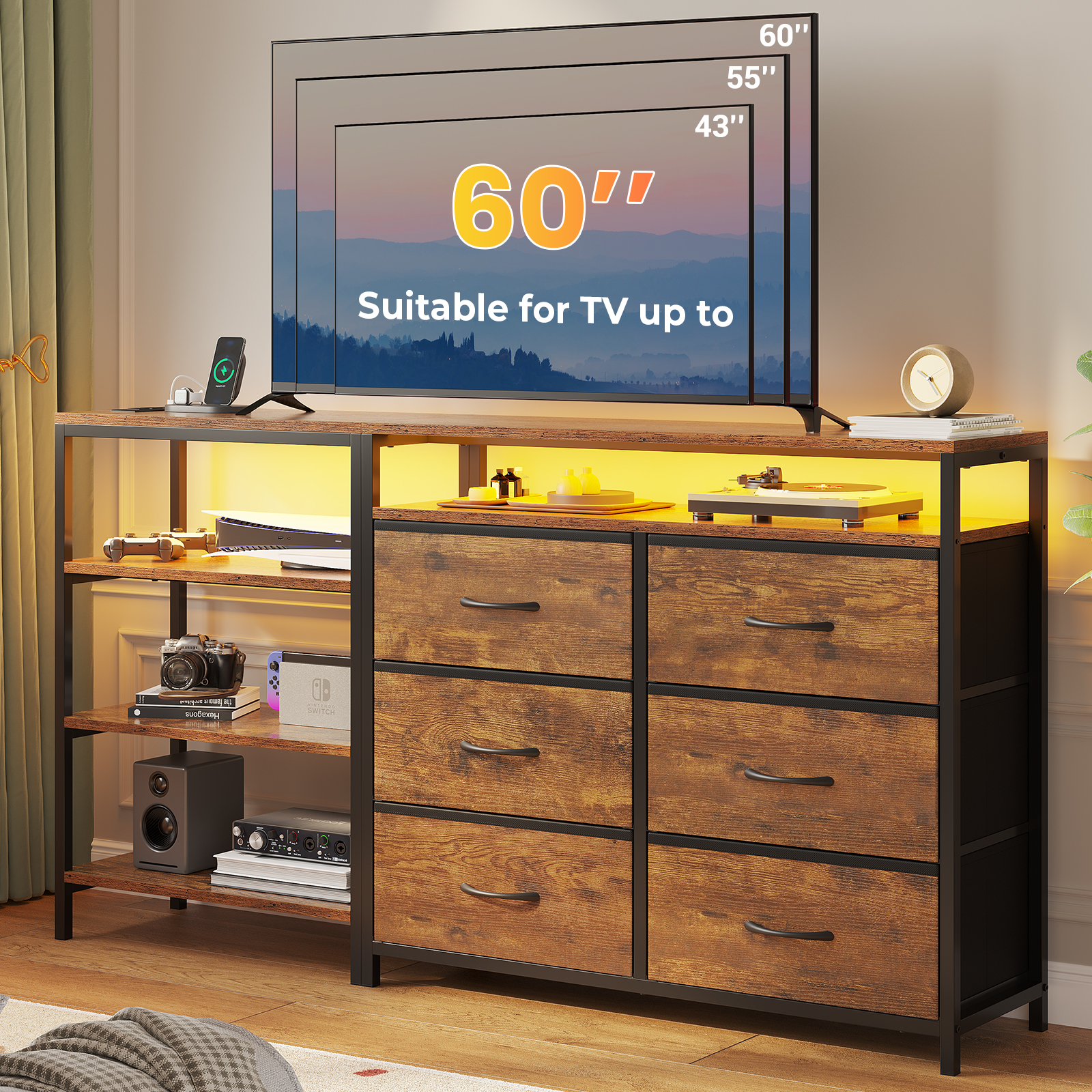 TV Stand Dresser with Charging Station and LED Lights, for 60 Inch TV, Changable L Shape TV Console with Open Shelf, 53.5 Inches Wide Brown Dresser for Bedroom